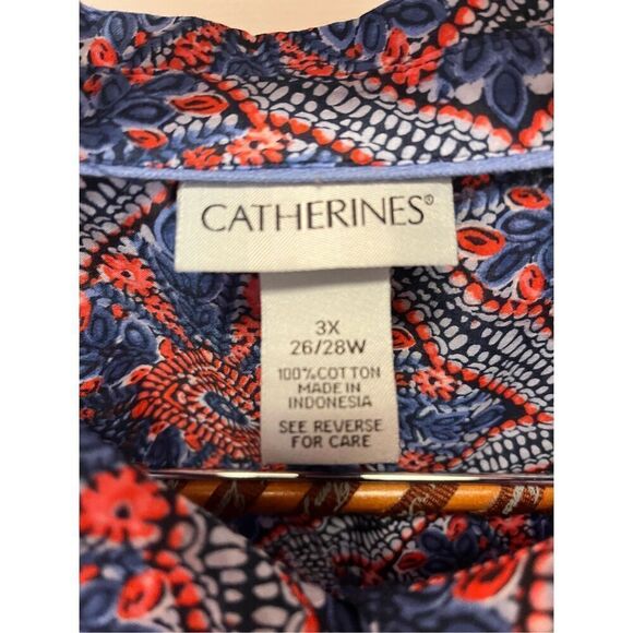 Catherine’s Blue & Orange Print Button Down Tab Sleeve Shirt sz 3X EUC - Picture 4 of 6